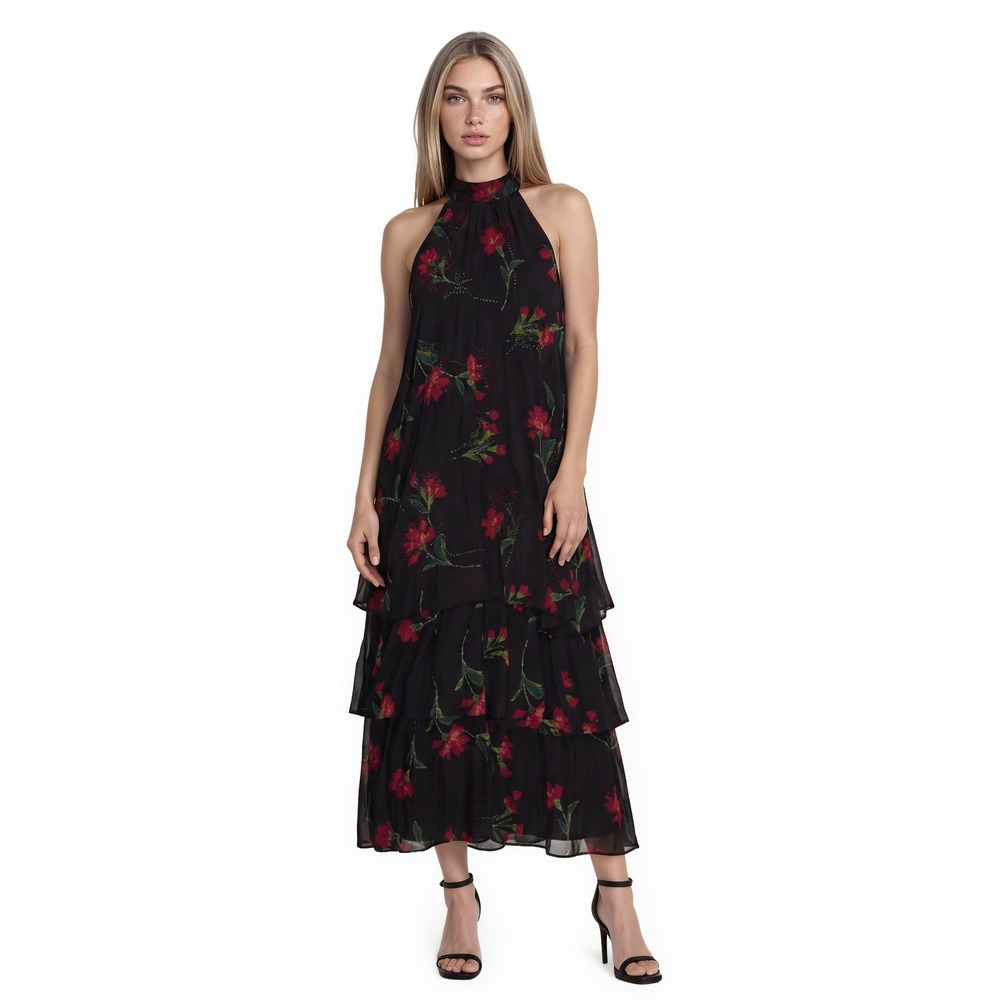NWT Ungaro Eden Maxi Dress Women's Size XL Black Red Floral Tiered Gown $1,195